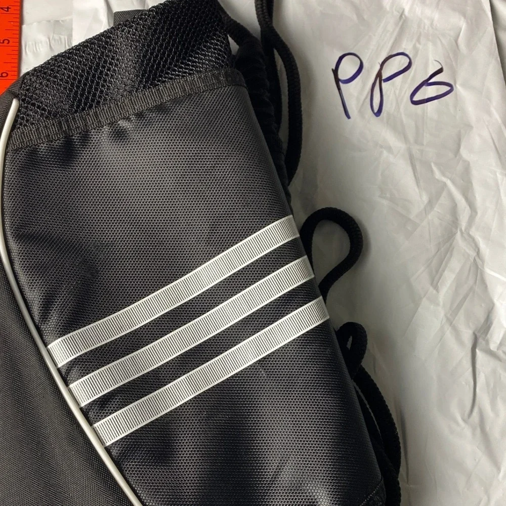 Adidas Drawstring Backpack Black White 3-Stripe Cinch Sack Gym Bag Mesh Pockets